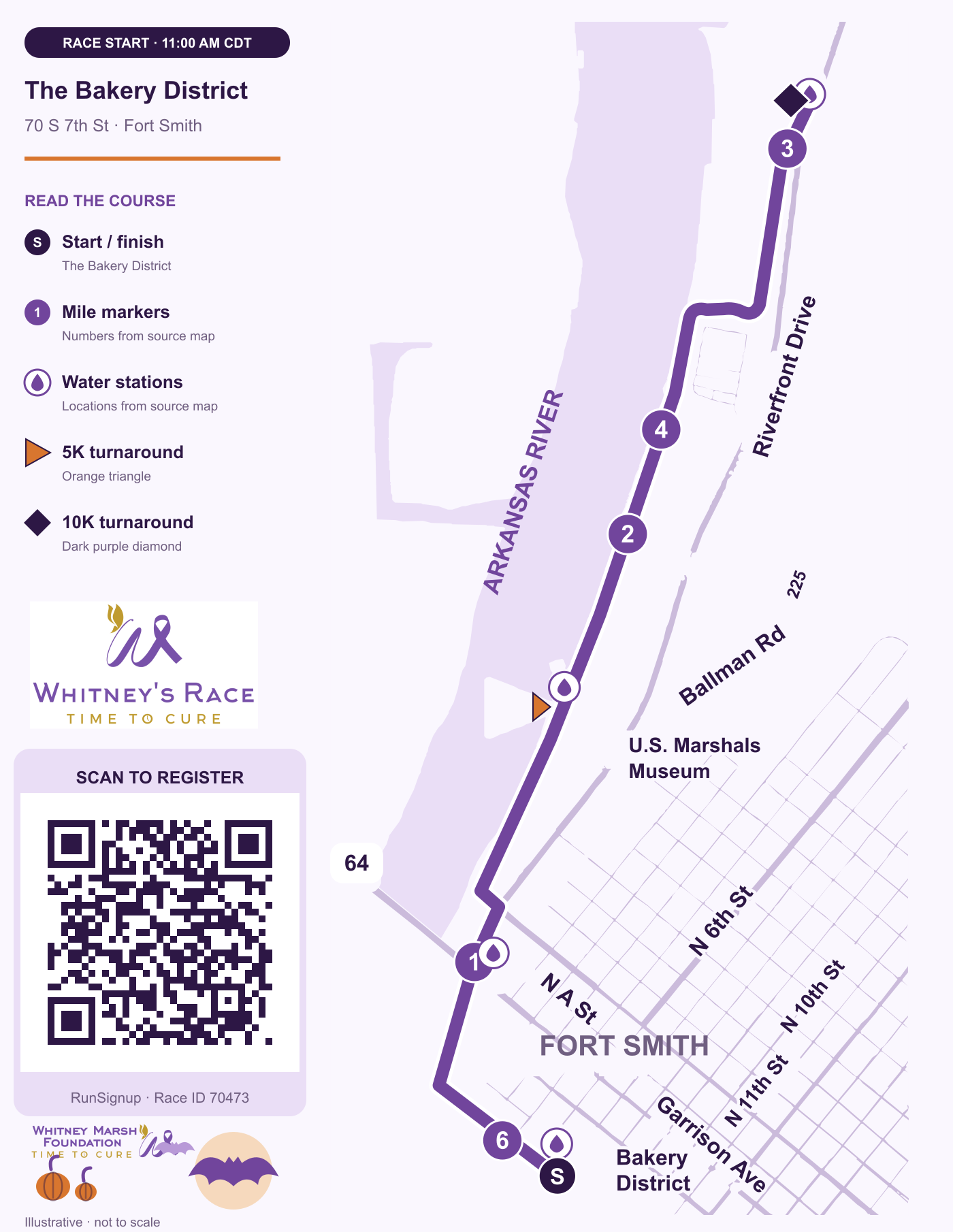 Whitney's Race 2026 5K and 10K course with mile markers, water stations, turnarounds, and registration QR code
